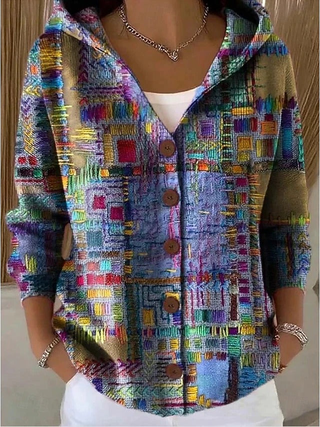 Cardigan Patchouli cu glugă, imprimeu patchwork multicolor