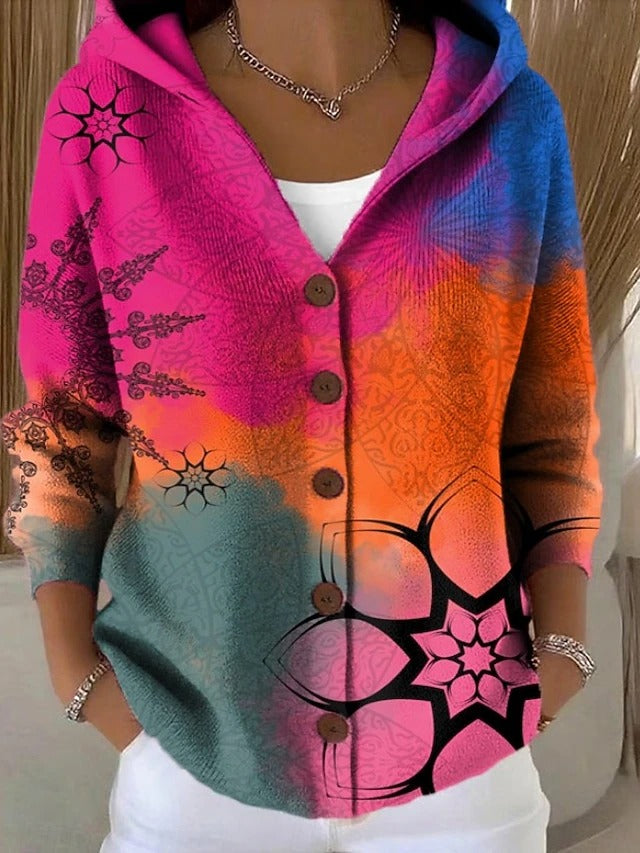 Cardigan Patchouli cu glugă, imprimeu mandala în roz și portocaliu
