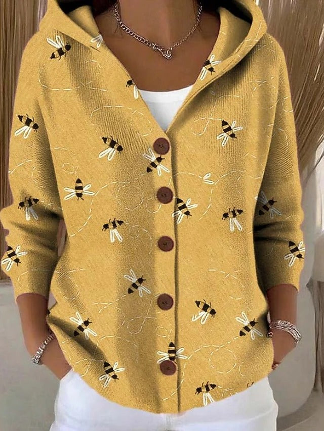 Cardigan Patchouli cu glugă, imprimeu galben muștar cu albine