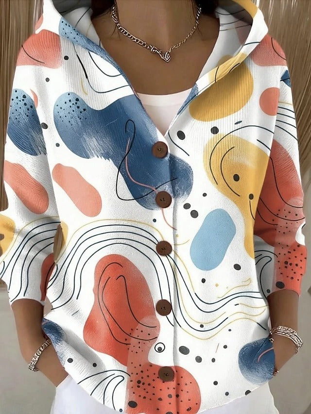 Cardigan Patchouli cu glugă, imprimeu abstract pe fond alb