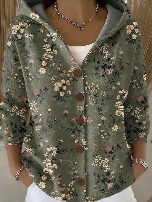 Cardigan Patchouli cu glugă, imprimeu floral mărunt pe fond verde