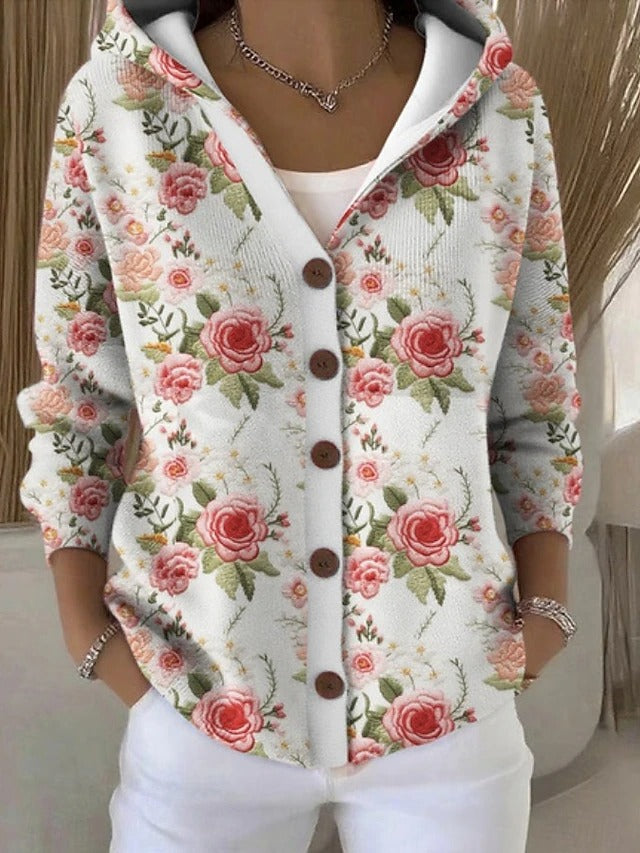 Cardigan Patchouli cu glugă, imprimeu cu trandafiri pe fond alb